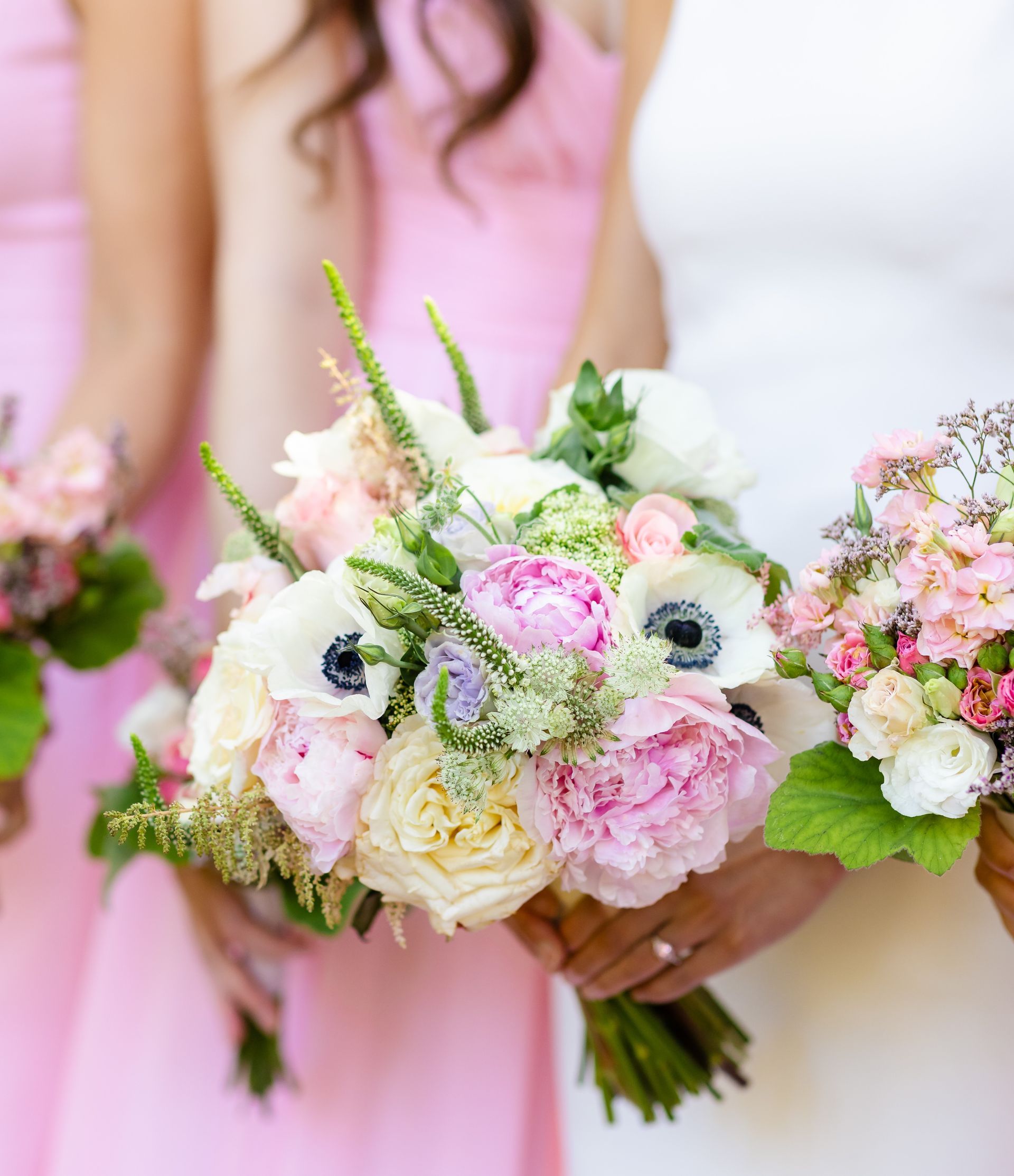 Bridal bouquet and bridesmaids bouquets in pink and white