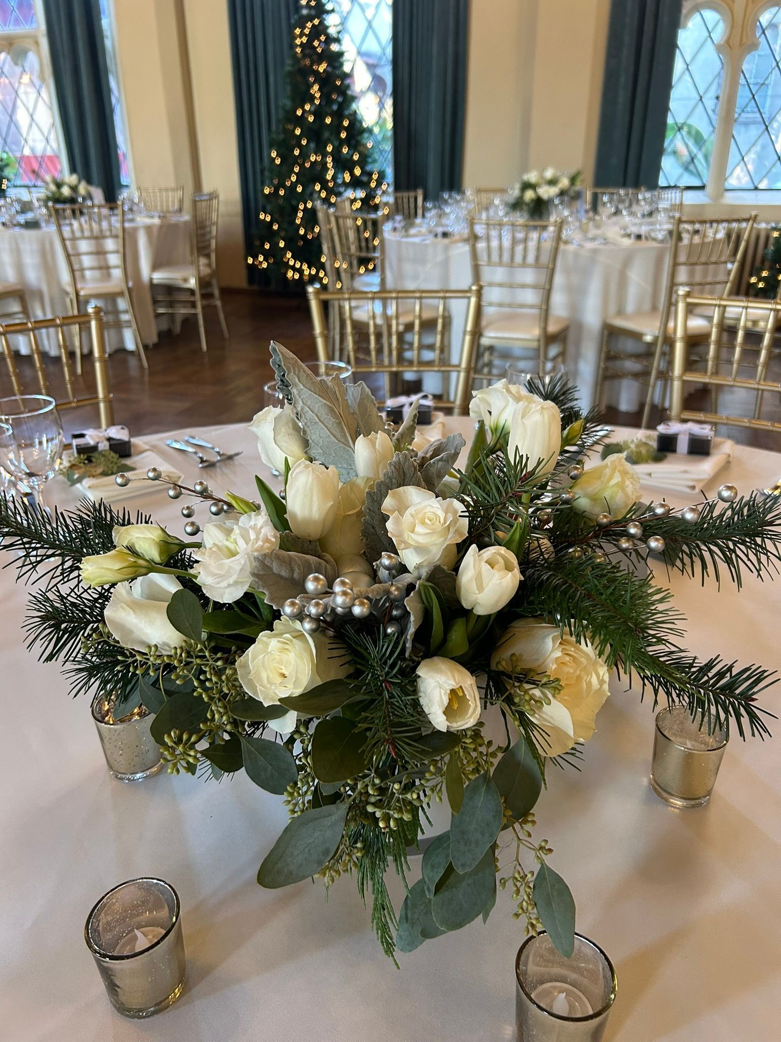 Winter white wedding centerpiece