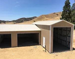 a picture of a custom garage with two garage doors