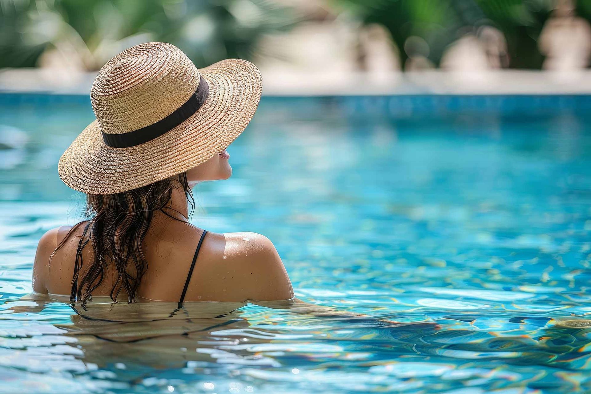 A person wearing a straw hat relaxing in a bright blue swimming pool, viewed from behind.