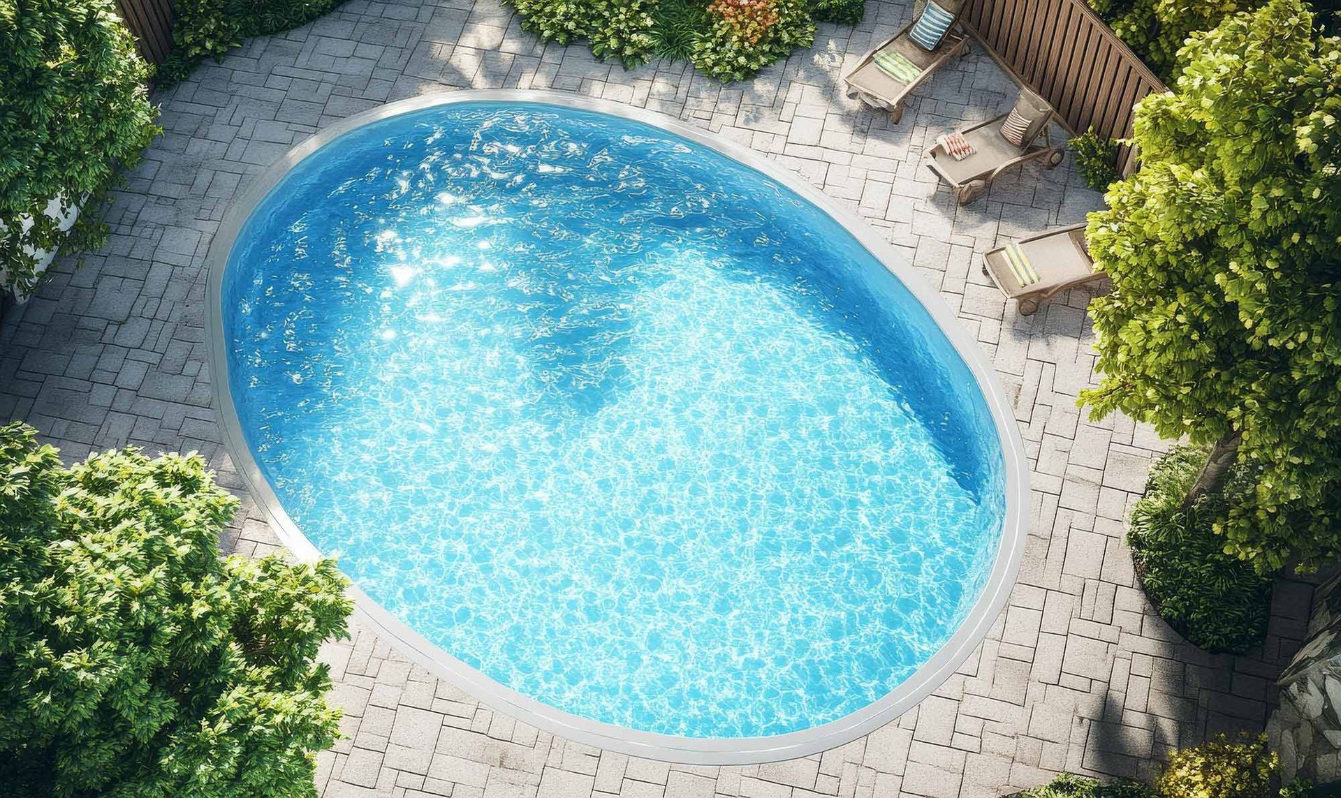An oval swimming pool with turquoise water sits in a stone-paved patio surrounded by trees and three lounge chairs.