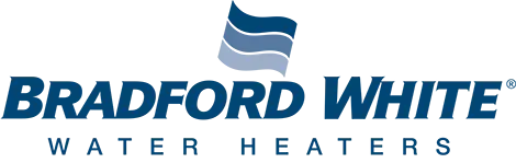 Bradford White logo with text and stylized wave design, advertising water heaters.