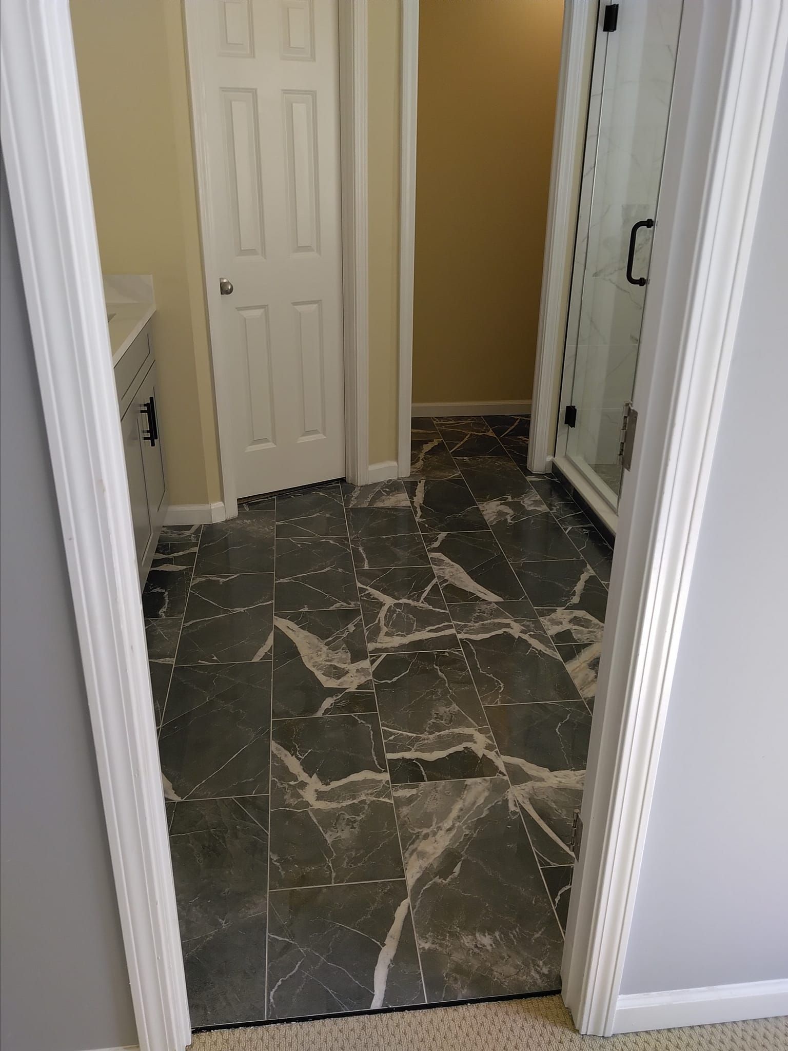 Bathroom with dark patterned tile floor, white door, and glass shower door.