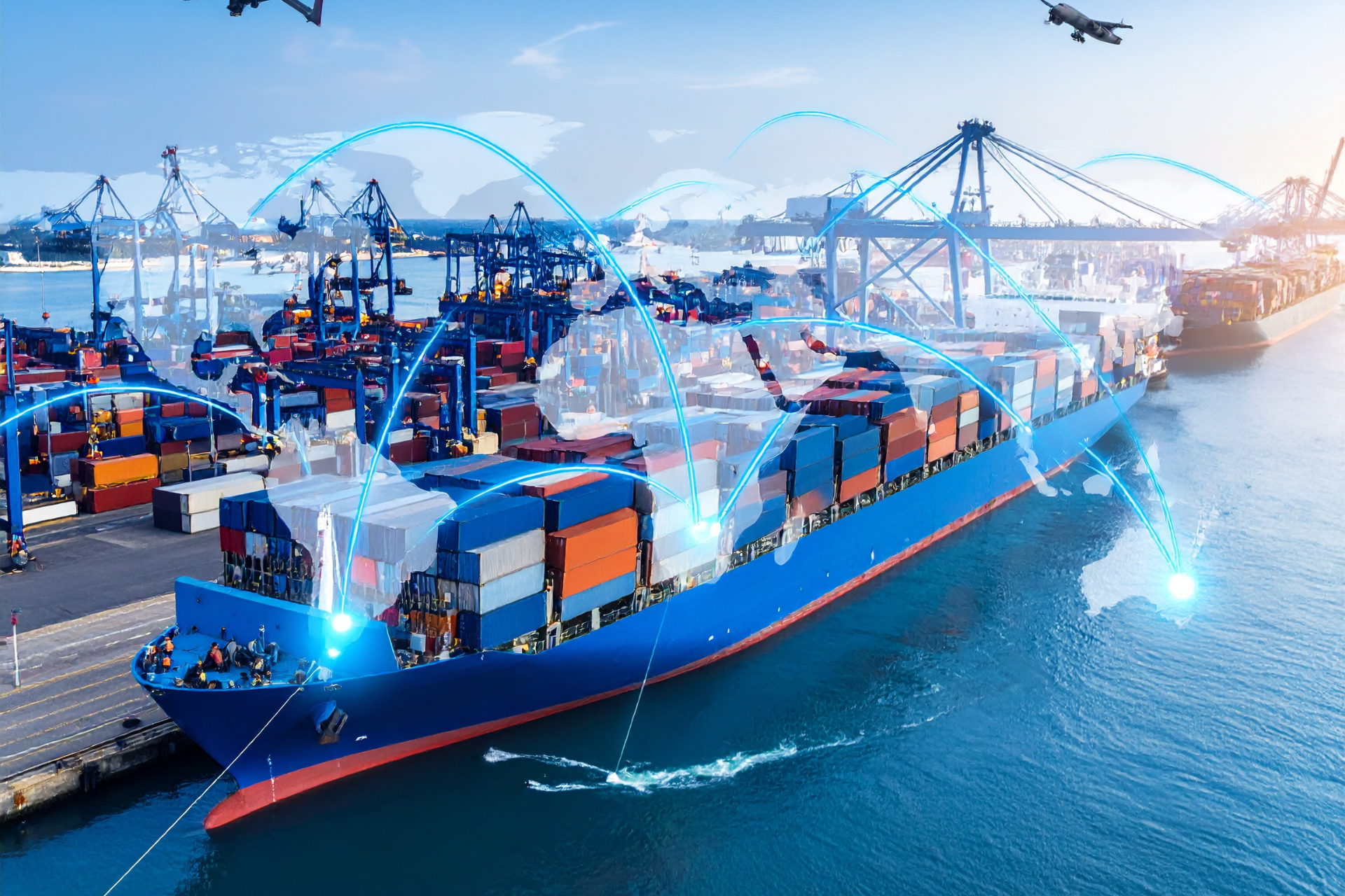 A truck is parked next to a plane and a ship.