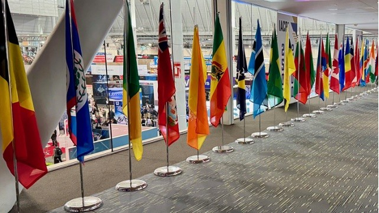 A row of flags are lined up in a room in front of a window.