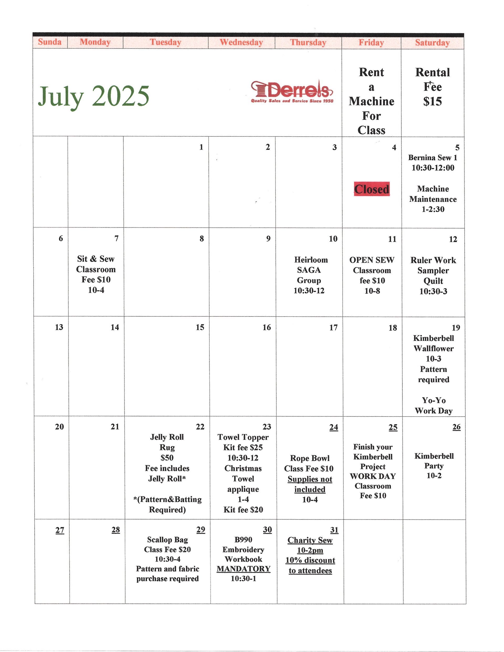 September Class Schedule — Pensacola, FL — Derrel's  Of Pensacola