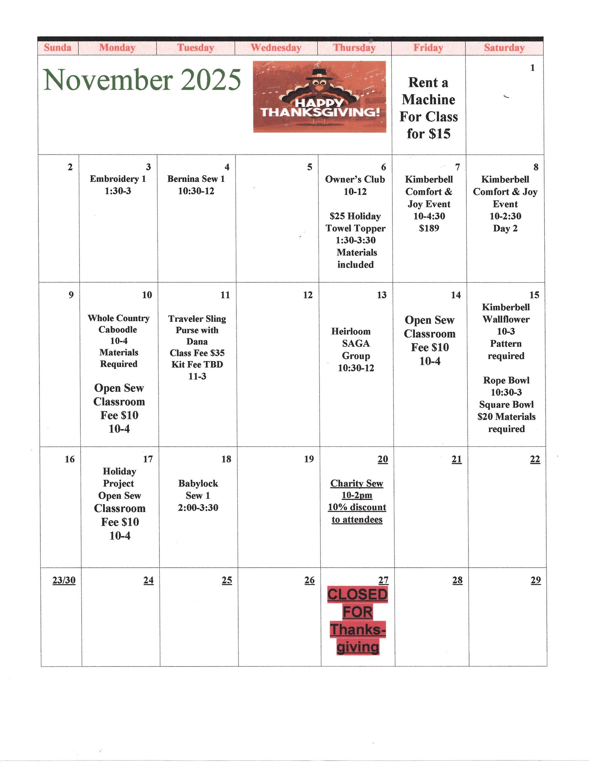 September Class Schedule — Pensacola, FL — Derrel's  Of Pensacola