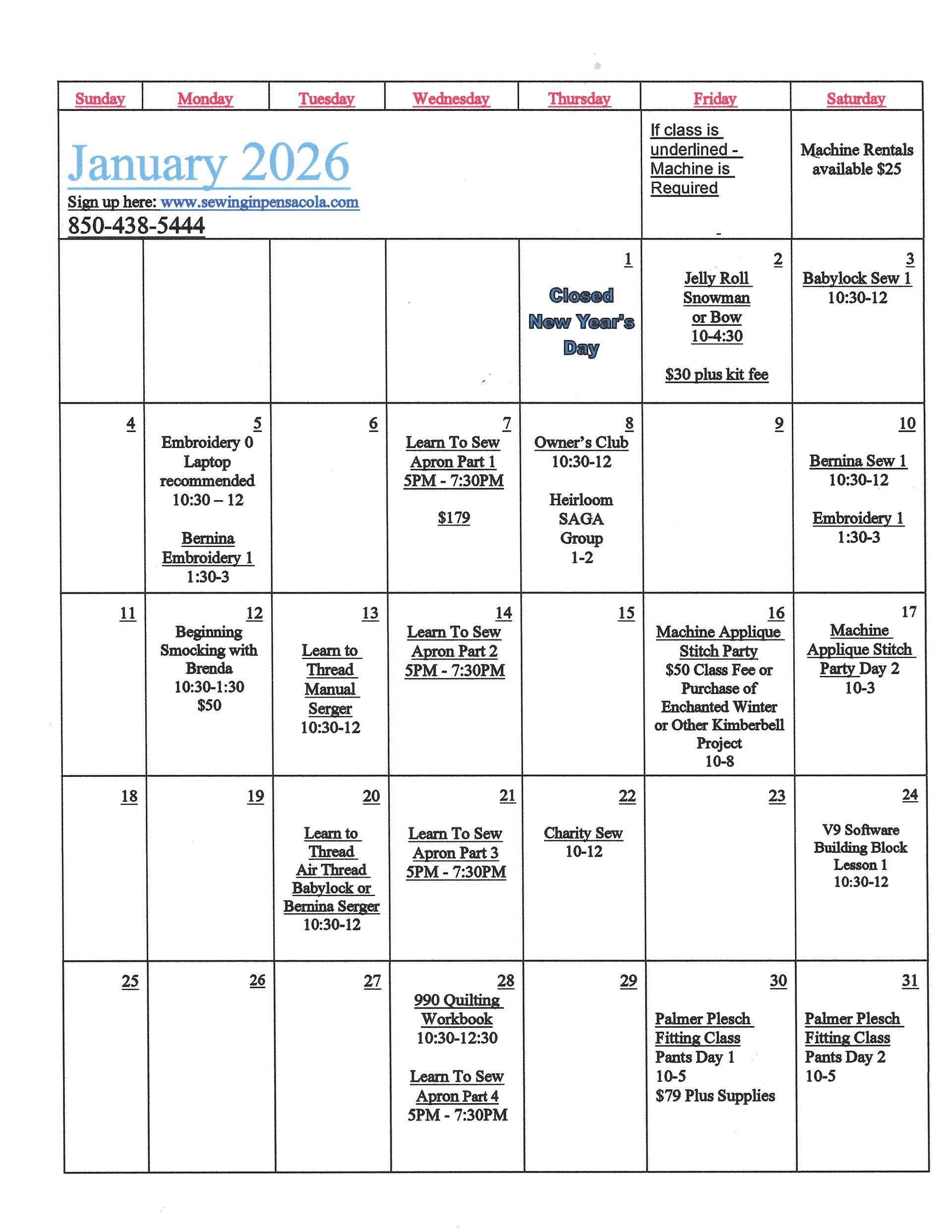 September Class Schedule — Pensacola, FL — Derrel's  Of Pensacola