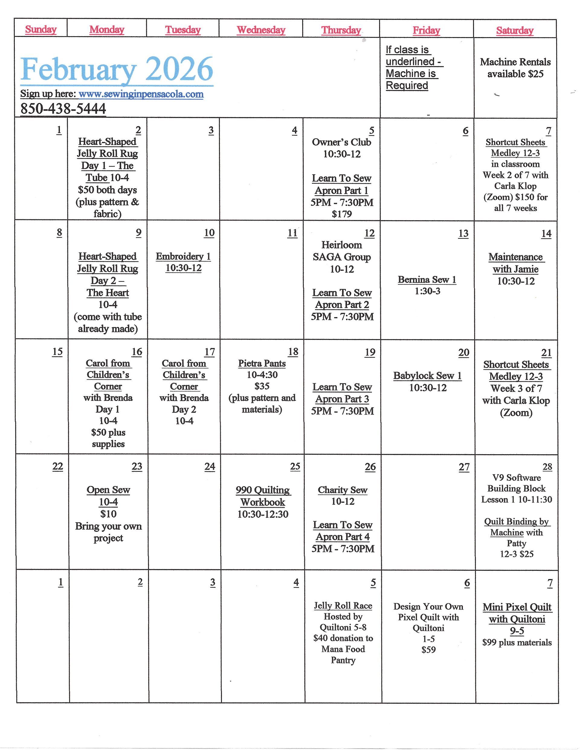 September Class Schedule — Pensacola, FL — Derrel's  Of Pensacola