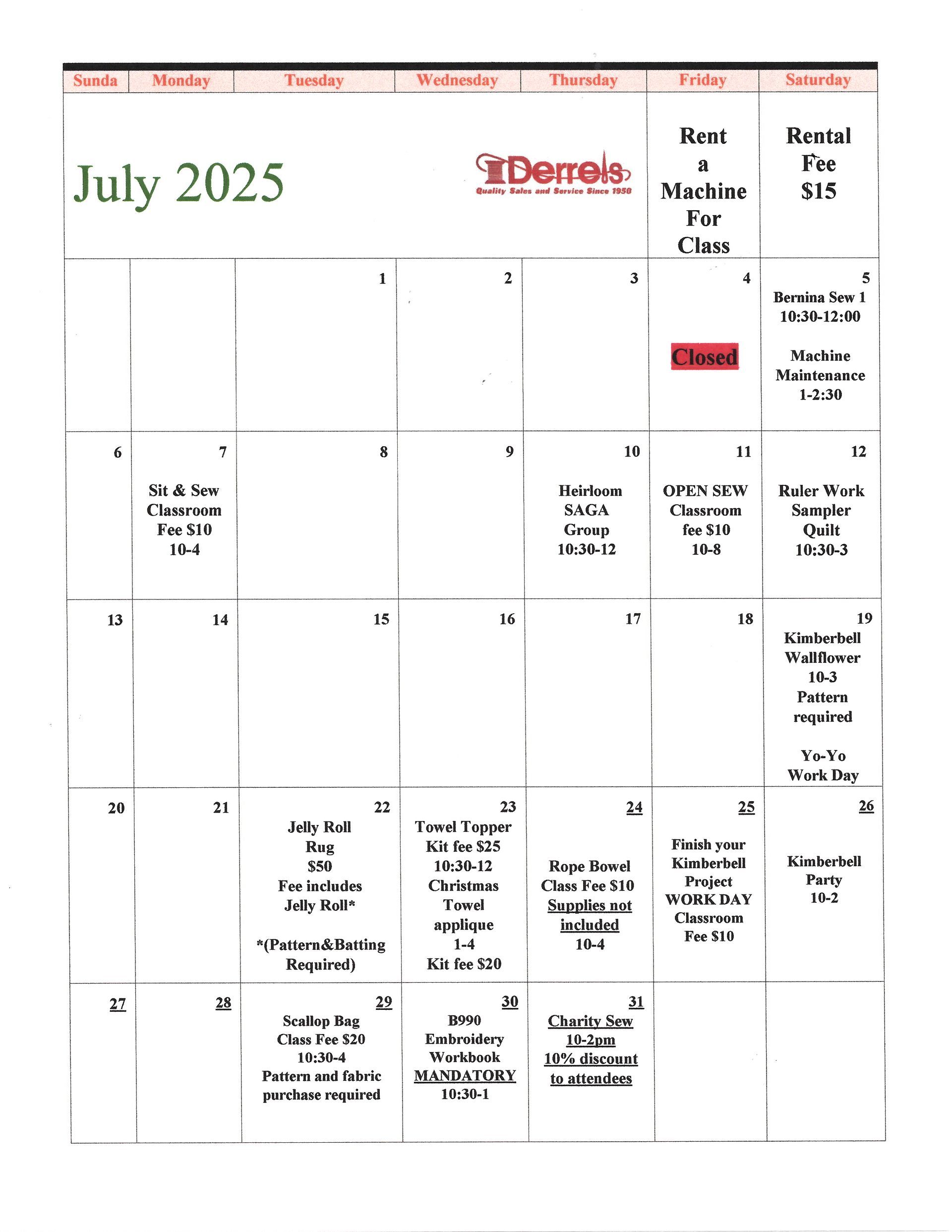 September Class Schedule — Pensacola, FL — Derrel's  Of Pensacola