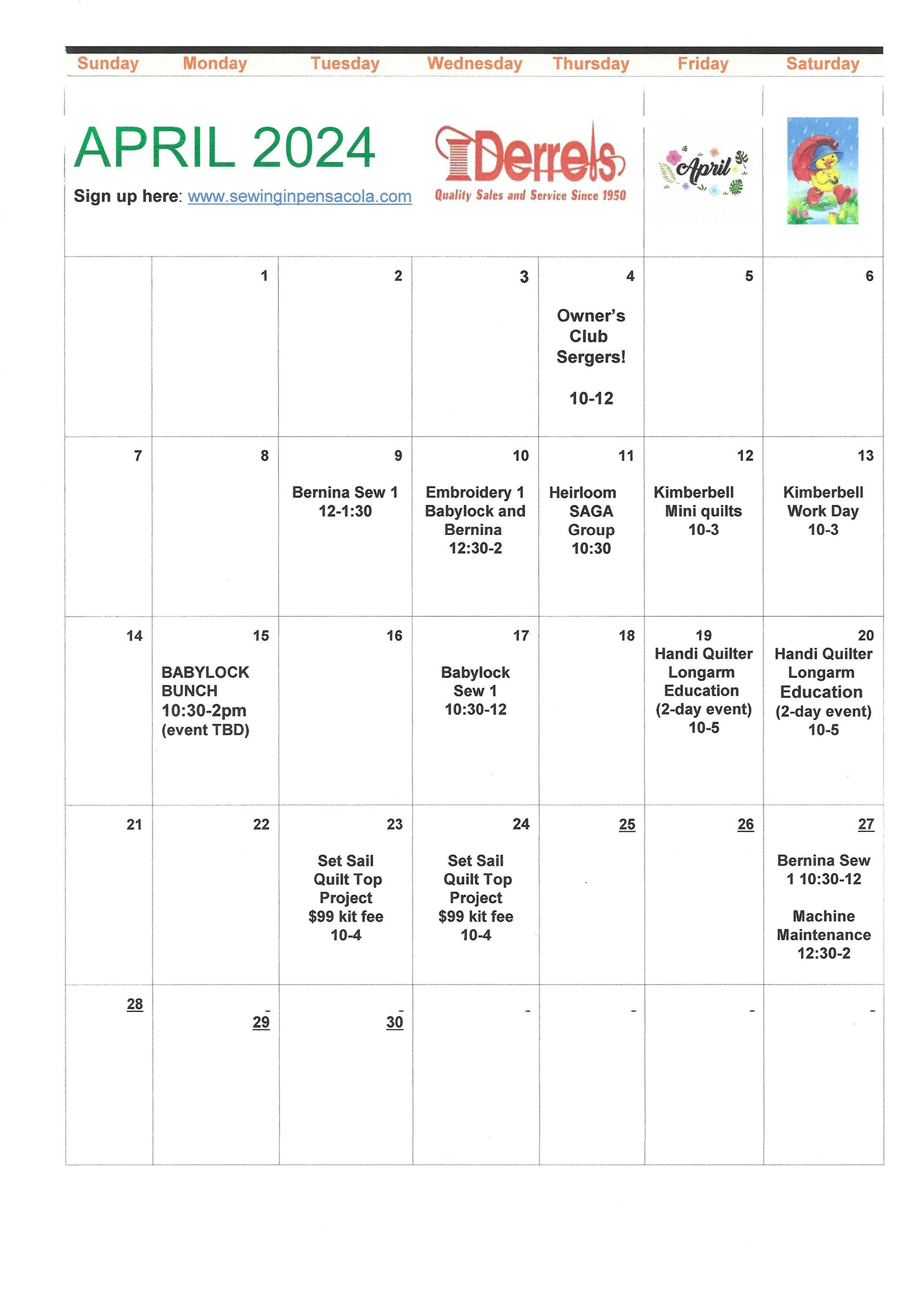 May Class Schedule — Pensacola, FL — Derrel's  Of Pensacola