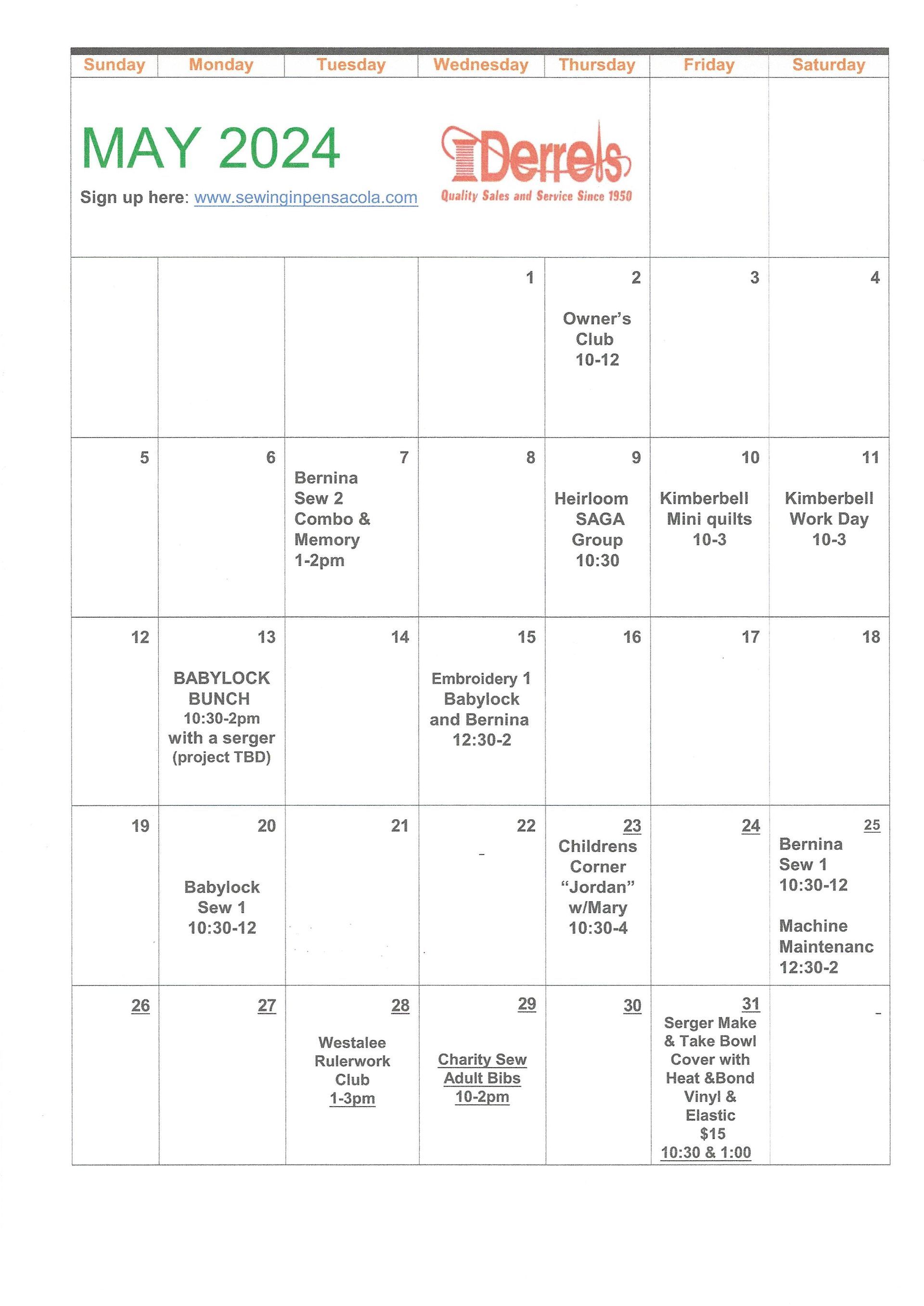 September Class Schedule — Pensacola, FL — Derrel's  Of Pensacola