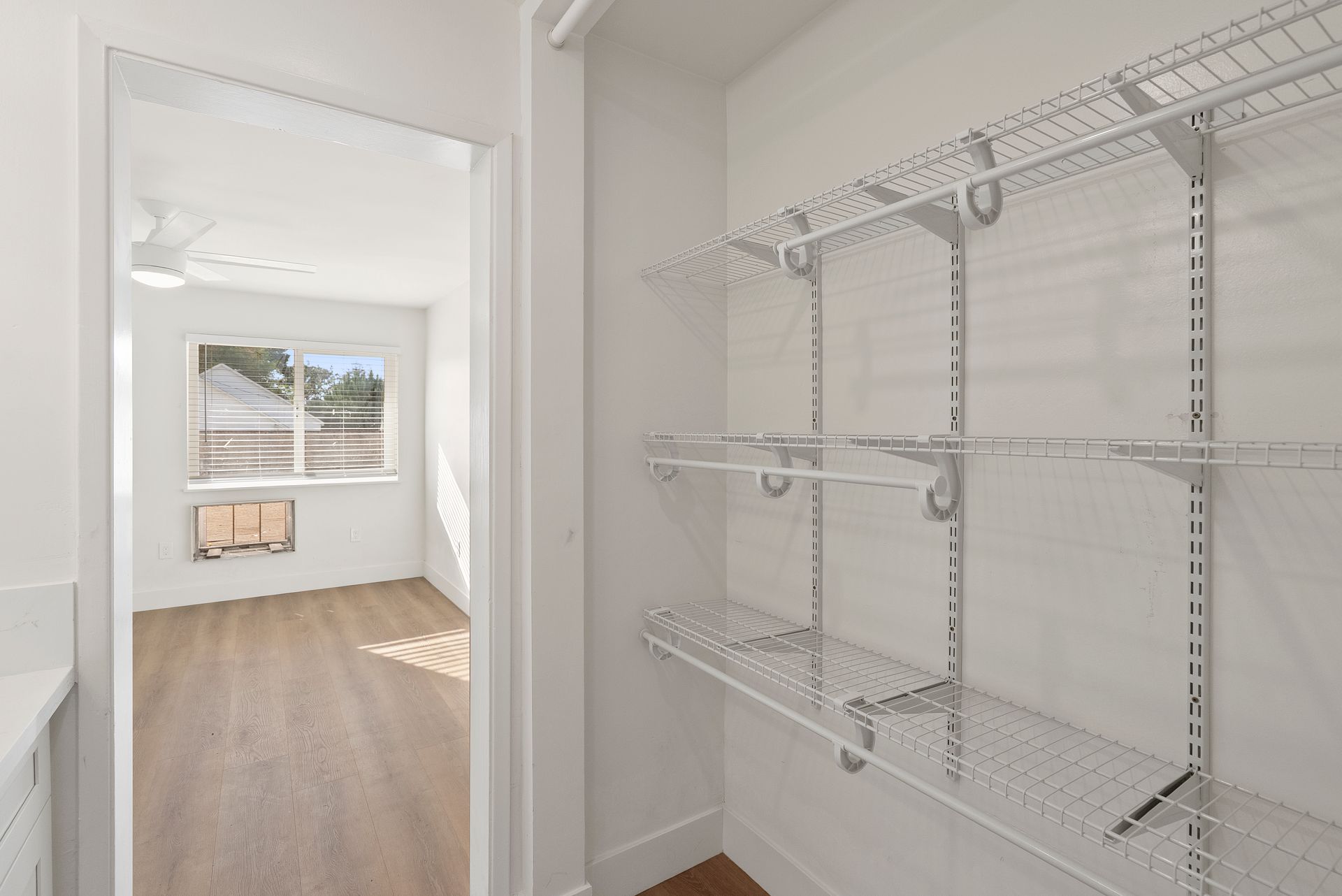 Walk-in closet with wire shelving and an open doorway to a room with a window and wood floors.