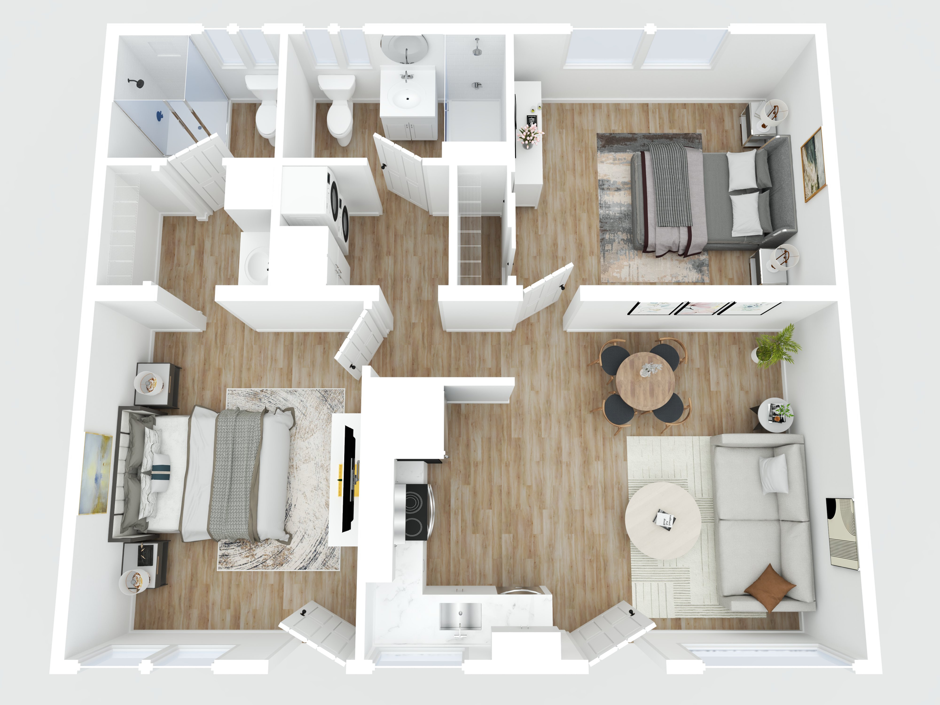 3D floor plan of an apartment with two bedrooms, kitchen, living room, and bathroom.