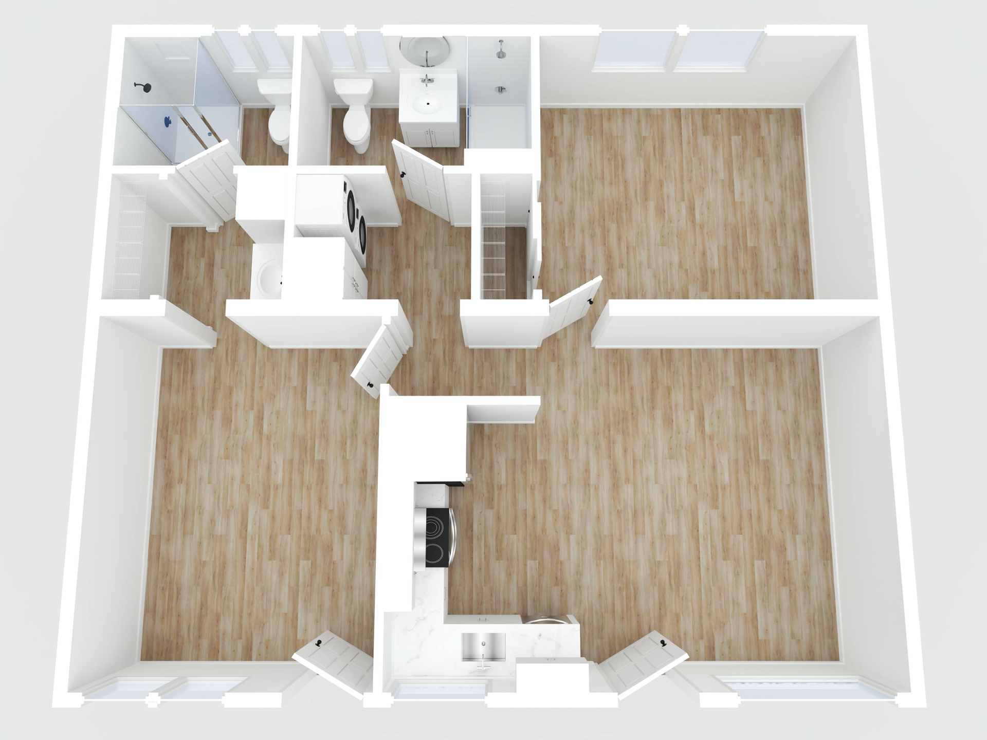Top-down view of a floor plan with a kitchen, bathroom, and two rooms, all in white.
