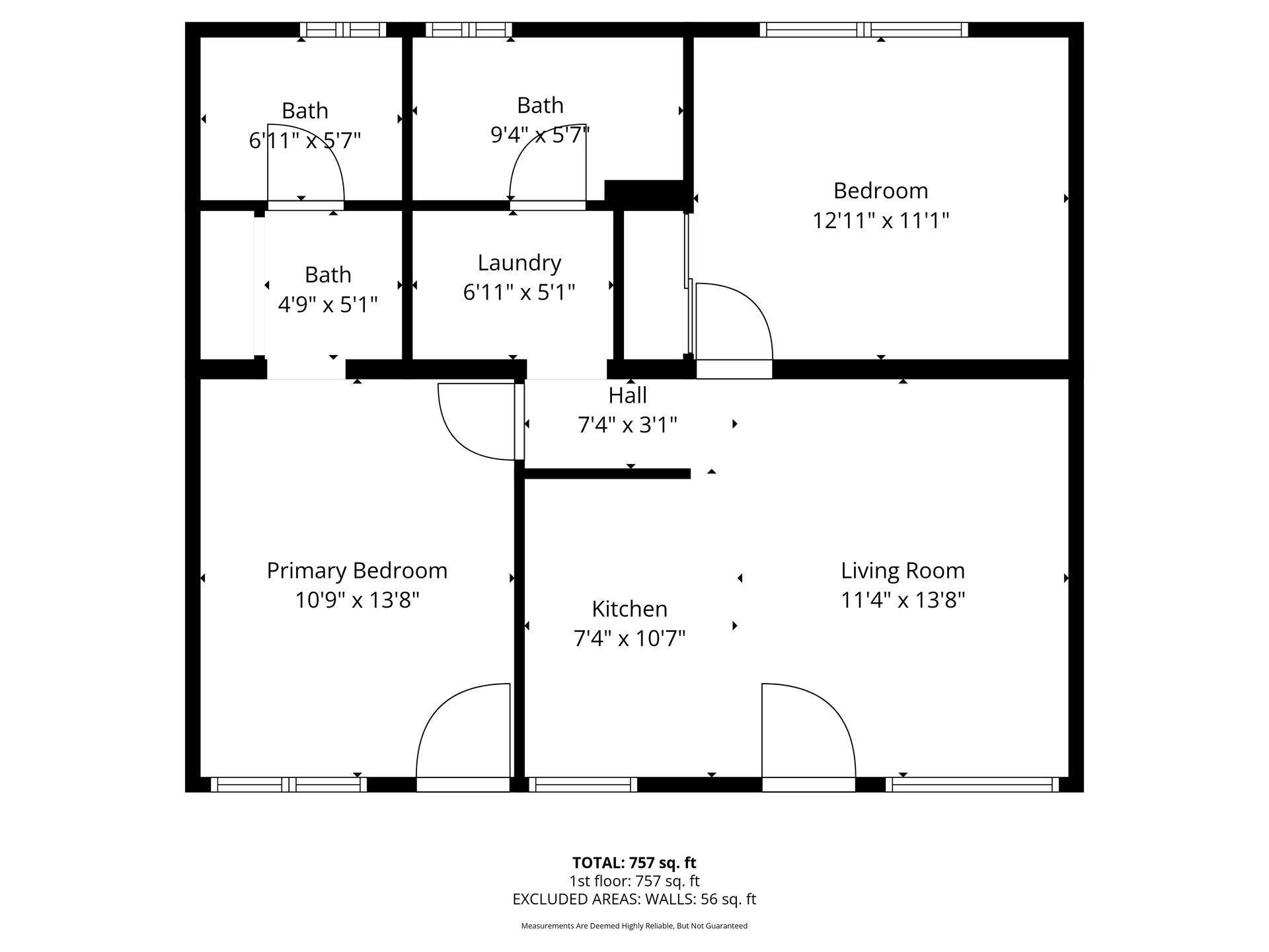 Floor plan showing the layout of a home, including rooms labeled: bedrooms, baths, kitchen, living room, laundry, and hall.