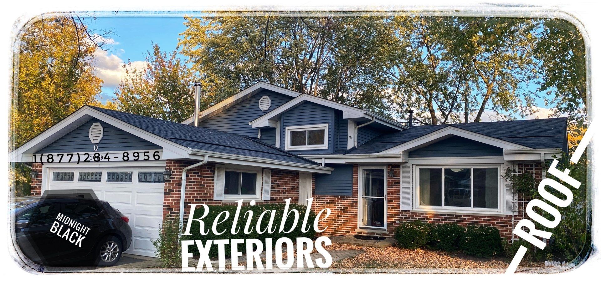 A picture of a house with a blue roof and a car parked in front of it.