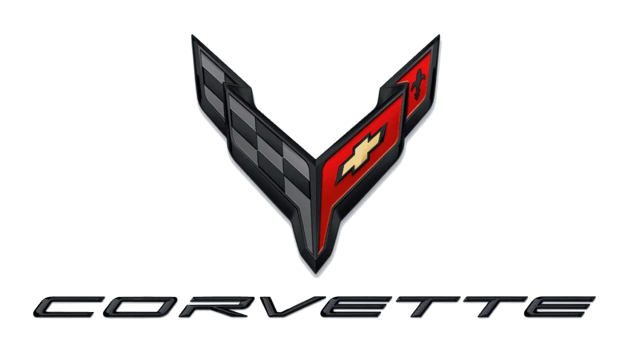 Corvette logo: Black and checkered flag emblem with red and gold accents, below "CORVETTE" text.