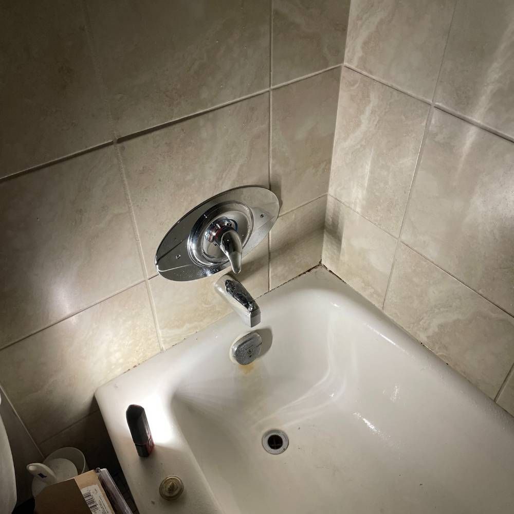 a bathtub with a shower head and faucet in a bathroom .