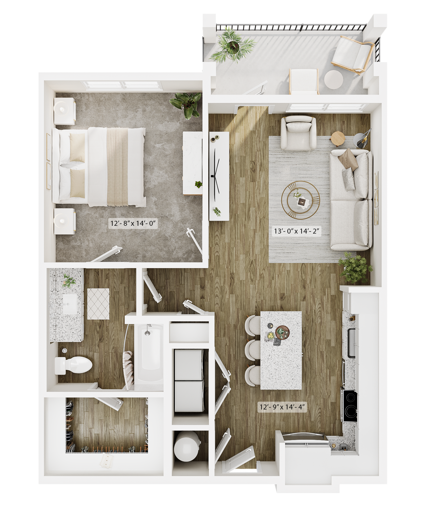 A top-down 2D floor plan for a one-bedroom apartment, featuring a kitchen, dining area, living room, bathroom, and balcony.