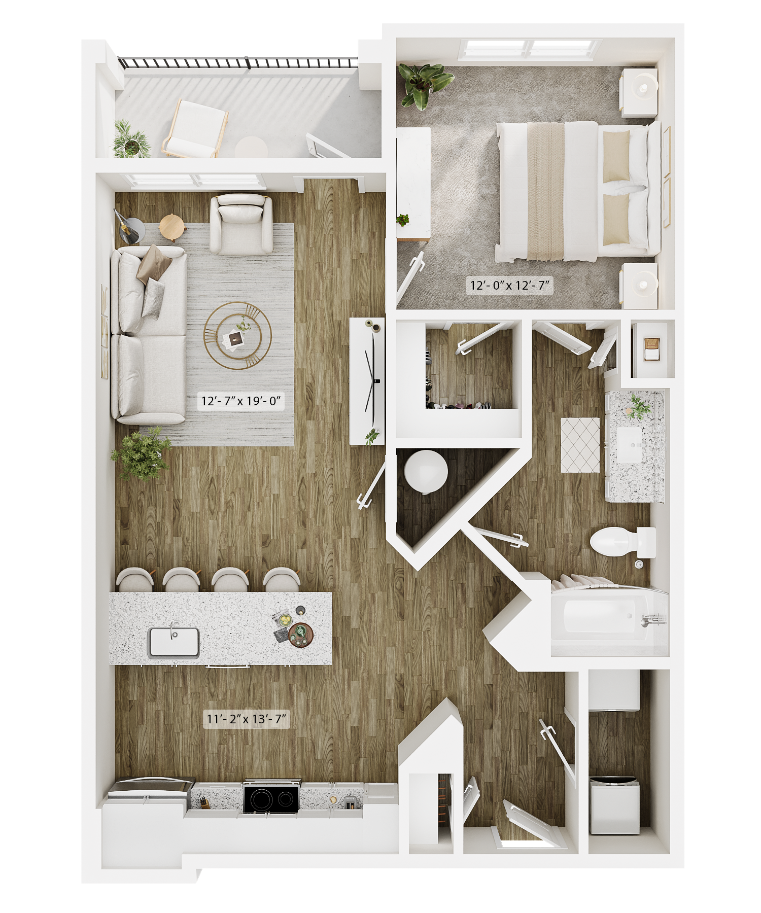 Top-down 3D floor plan of a one-bedroom apartment with a balcony, kitchen, living area, walk-in closet, and bathroom.
