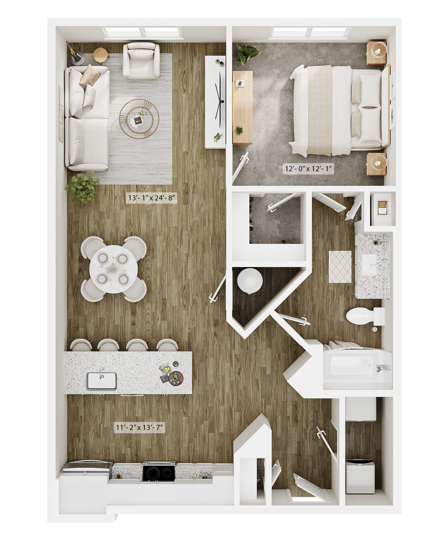 A 2D floor plan for a one-bedroom apartment featuring an open kitchen, living area, bedroom, and bathroom.