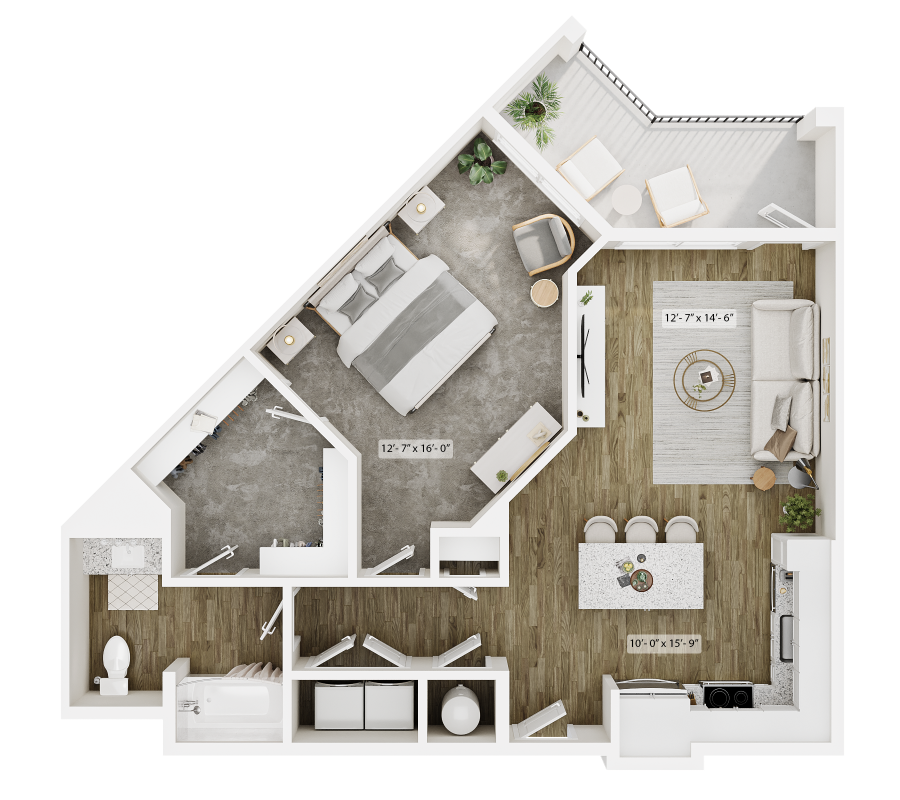 A 2D floor plan of a one-bedroom apartment with a living area, kitchen, balcony, bedroom, bathroom, and closet space.