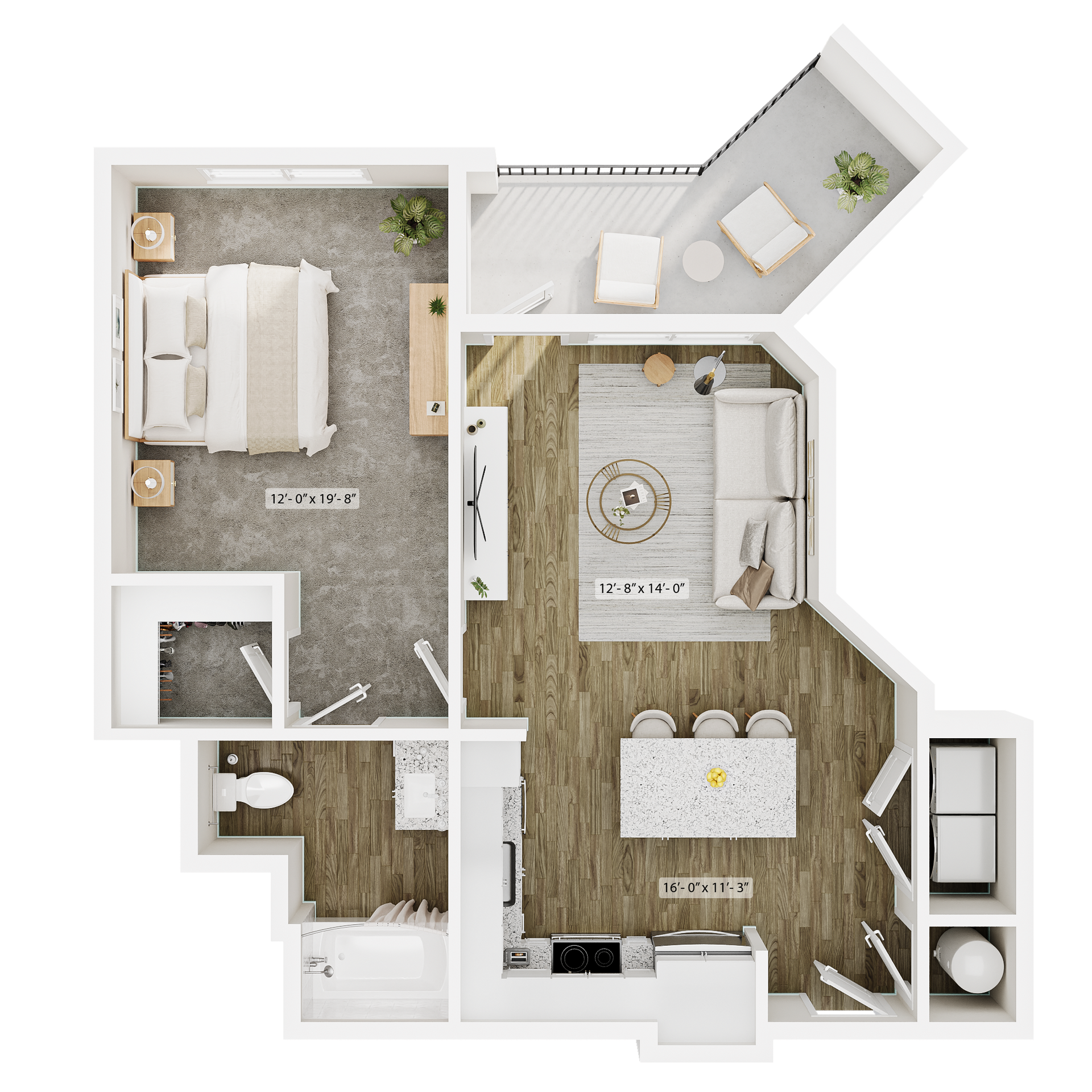 Top-down view of a modern one-bedroom apartment floor plan featuring a kitchen, living area, bedroom, and balcony.
