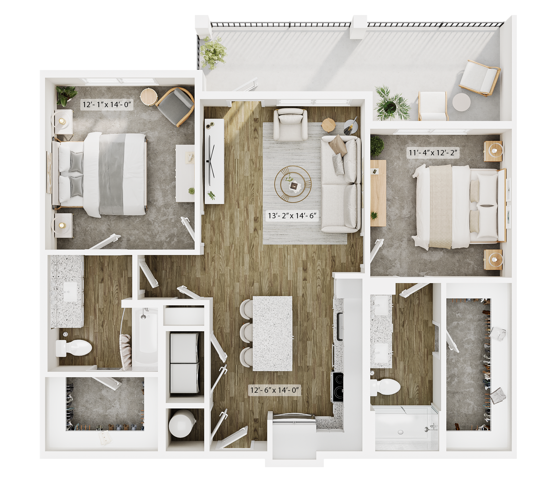 Top-down 2D floor plan of a two-bedroom apartment with a balcony, central living area, dining space, and two bathrooms.