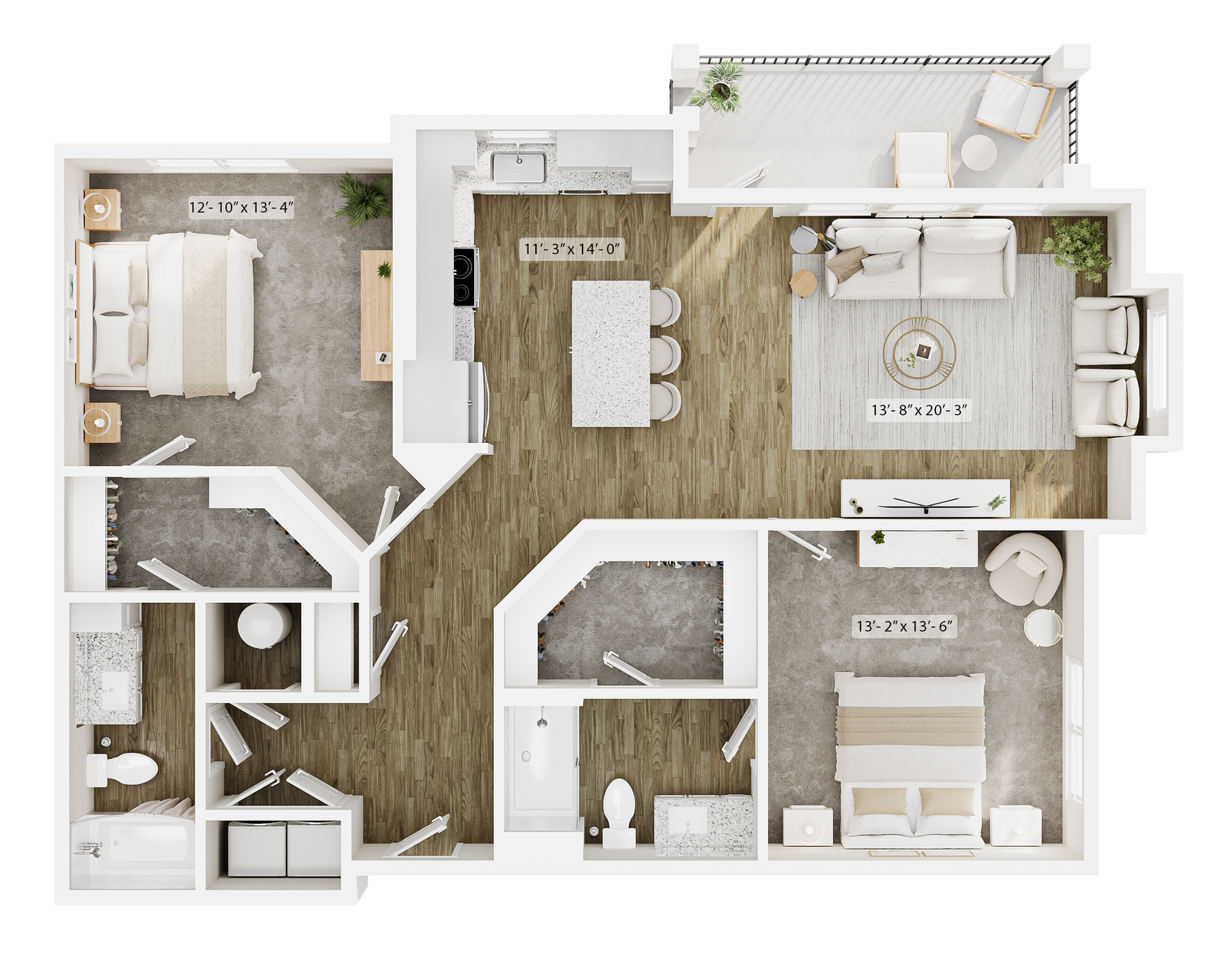 A 2D top-down floor plan of a two-bedroom apartment with a kitchen, living area, two bathrooms, and a balcony.