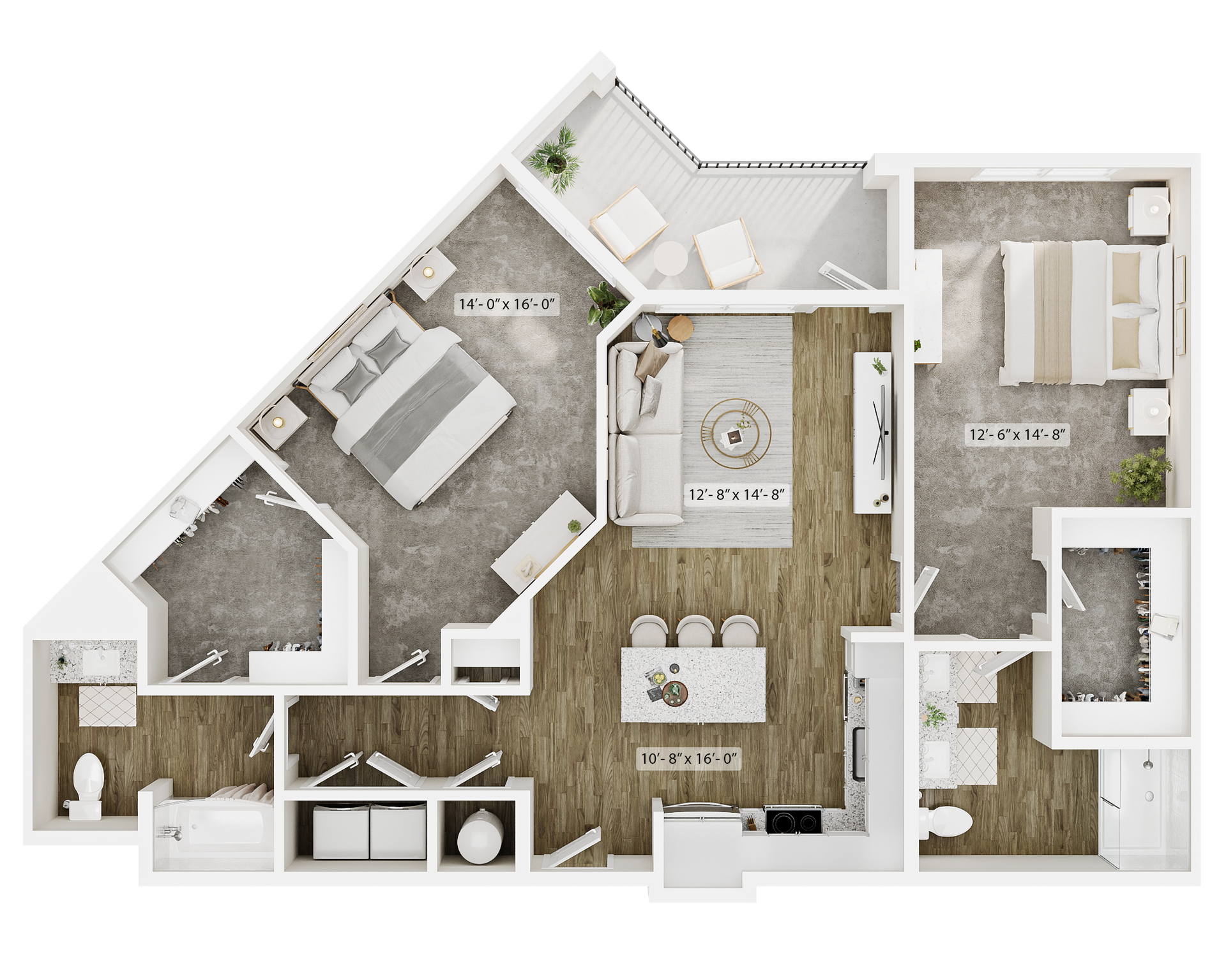 2D floor plan of a two-bedroom apartment with a living area, kitchen, balcony, and two bathrooms.