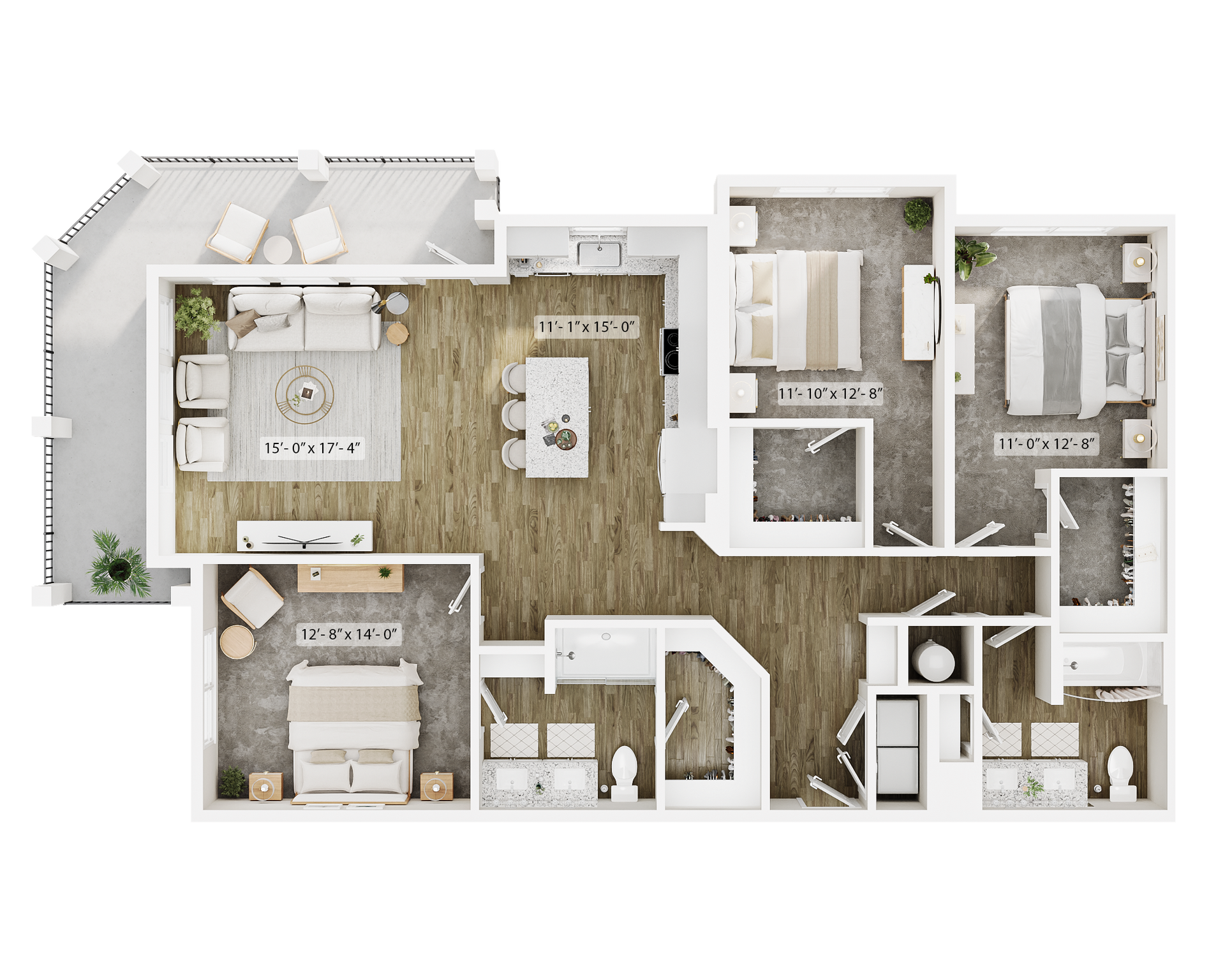 A 3D floor plan for a three-bedroom apartment with a living area, kitchen, balcony, and three bathrooms.