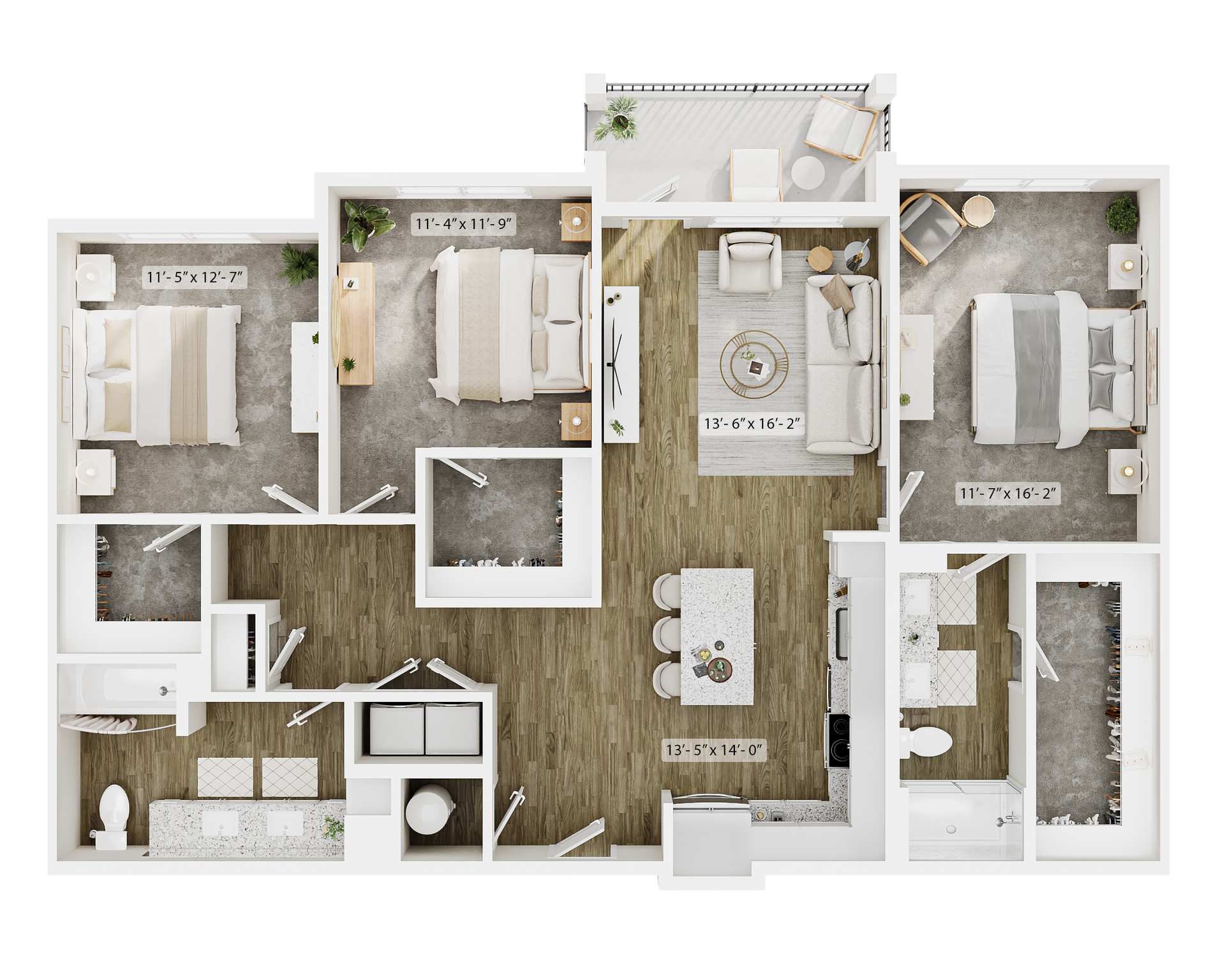 A 3D floor plan showing a three-bedroom apartment with a living area, kitchen, balcony, and two bathrooms.
