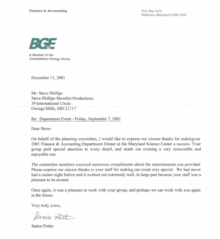 A letter from a company called bge is on a white background.