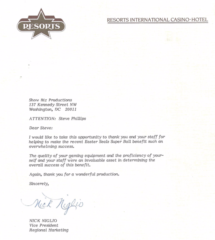 A thank you letter from resorts international casino hotel