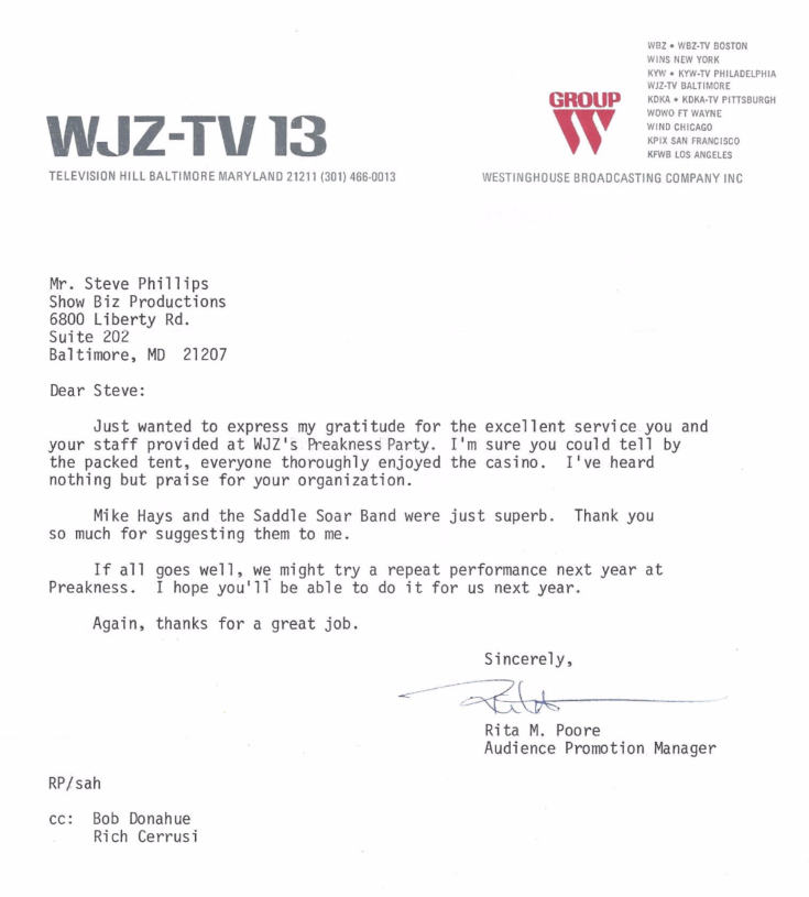 A black and white letter from wjz tv 13