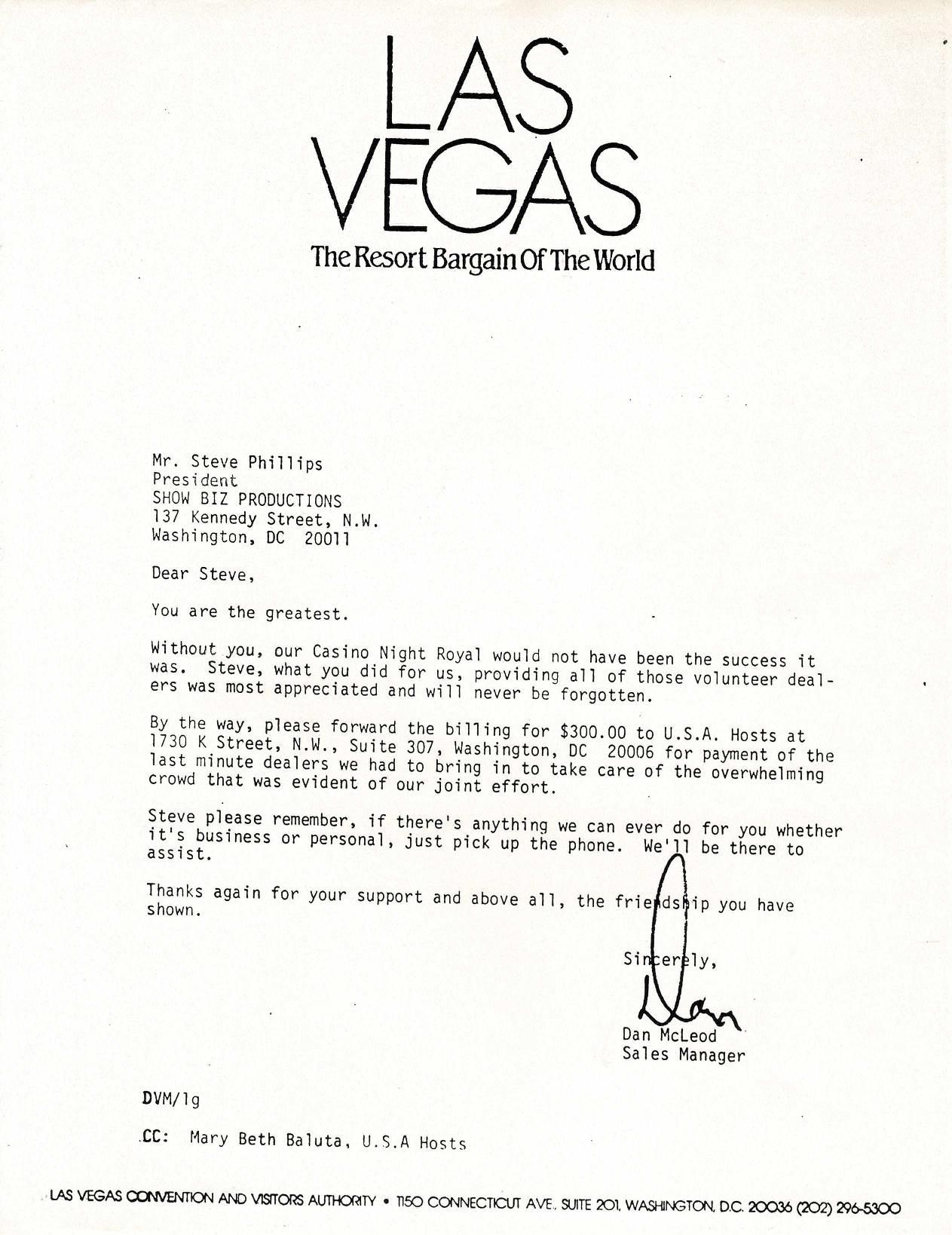 A letter from las vegas with a signature on it