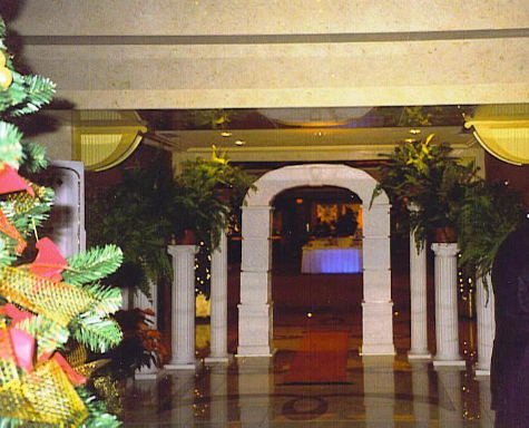 A christmas tree is in the middle of a hallway