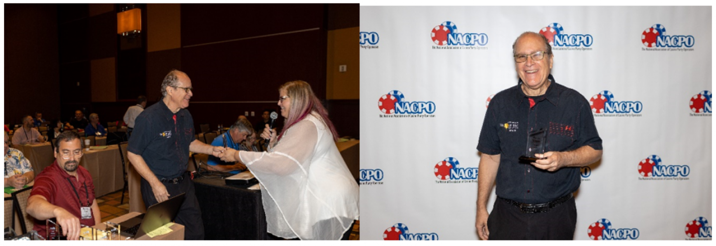 A man and a woman are shaking hands at a convention