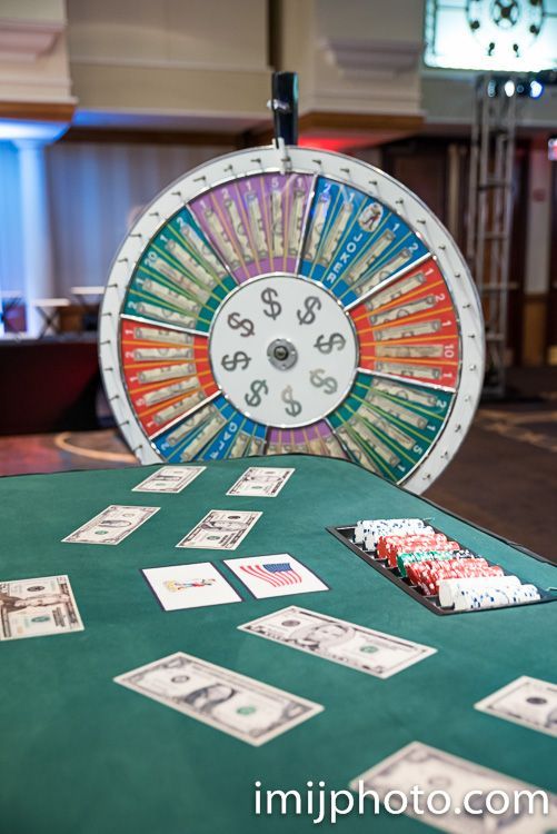 A wheel of fortune is on a table with cards and money