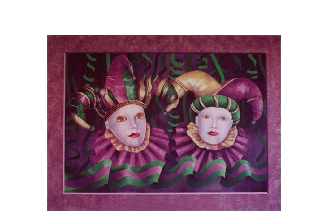 A painting of two harlequins in purple and green costumes