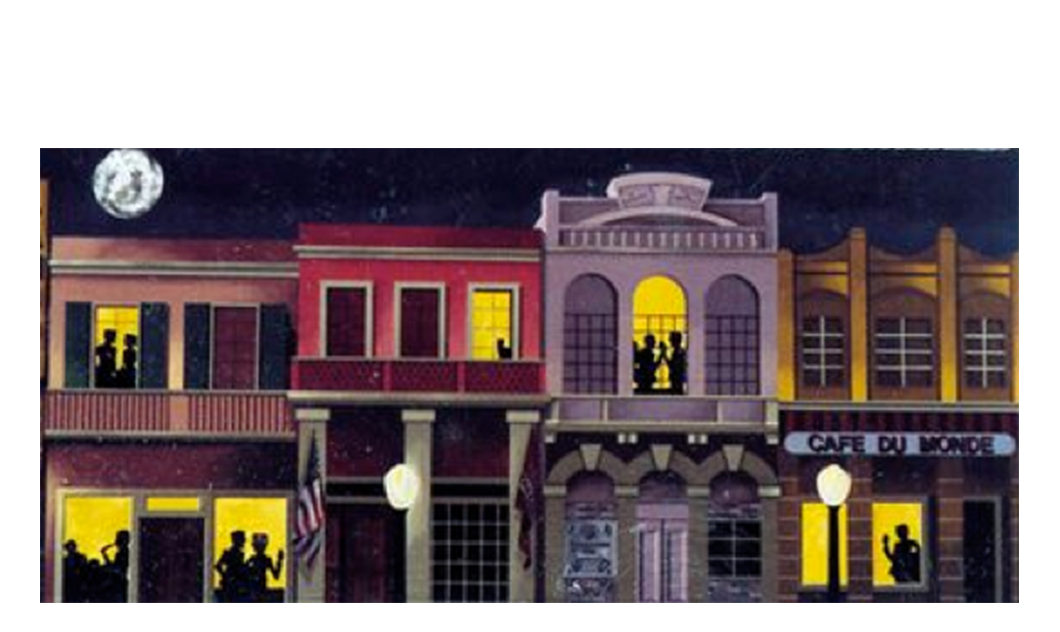 A painting of a row of buildings including one that says cafe du monde