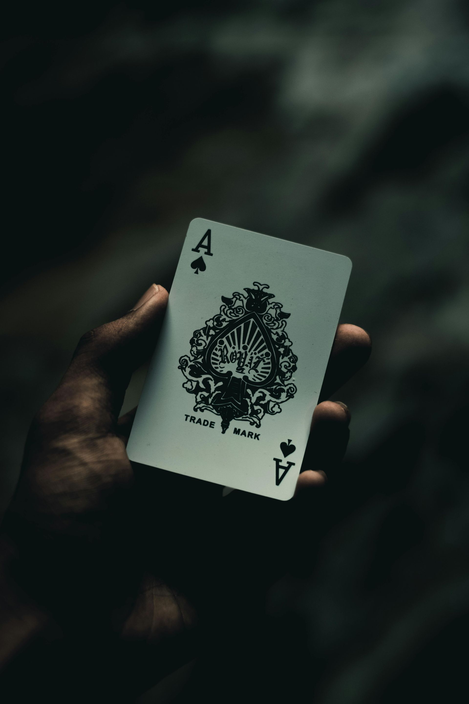 A person is holding an ace of spades playing card in their hand.