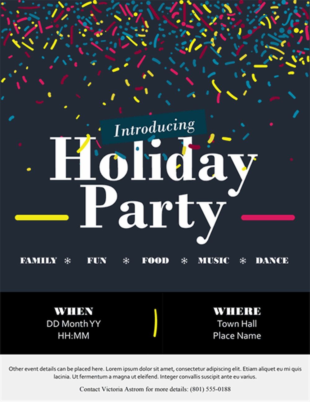 A poster for a holiday party with sprinkles on it