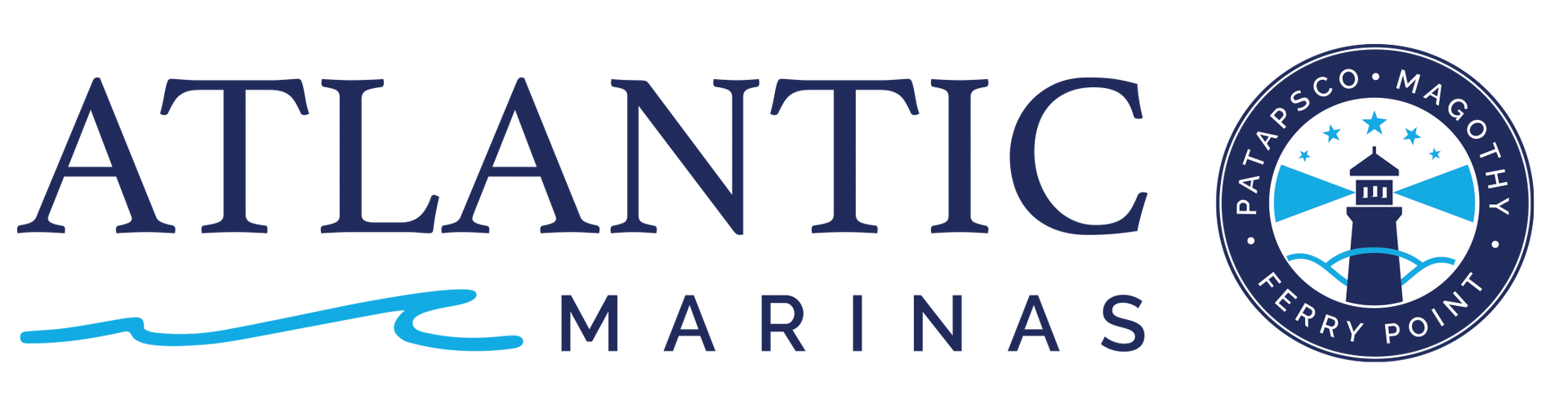 Atlantic Marinas logo with text, wave graphic, and a lighthouse icon for Patapsco, Magothy, and Ferry Point.