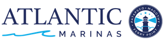 Atlantic Marinas logo with text, wave graphic, and a lighthouse icon for Patapsco, Magothy, and Ferry Point.