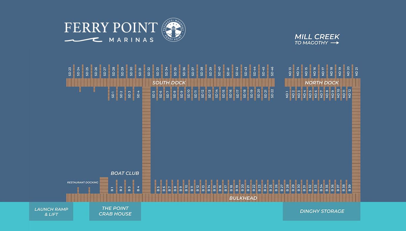 Ferry Point Marina map. Shows boat slips labeled alphabetically and numerically on docks, with access roads.
