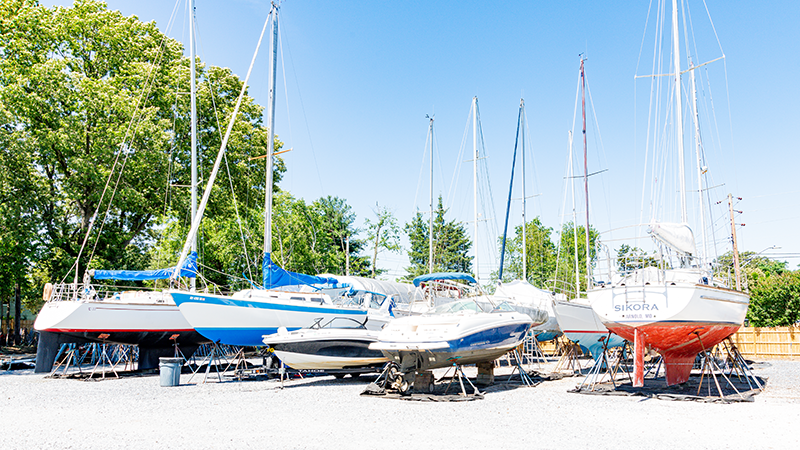 Sailboats docked on a gravel lot under a bright blue sky, surrounded by trees.