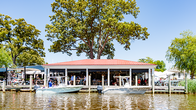 Restaurant on a pier with boats docked, under a large tree, on a sunny day.