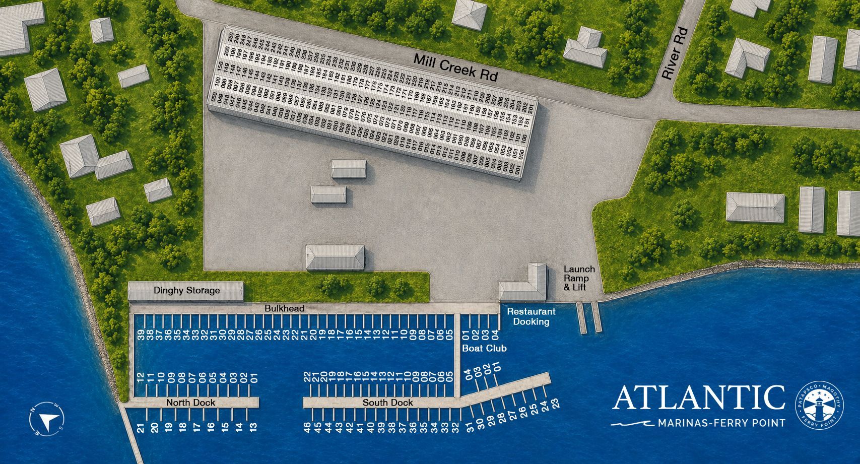 Ferry Point Marina map. Shows boat slips labeled alphabetically and numerically on docks, with access roads.